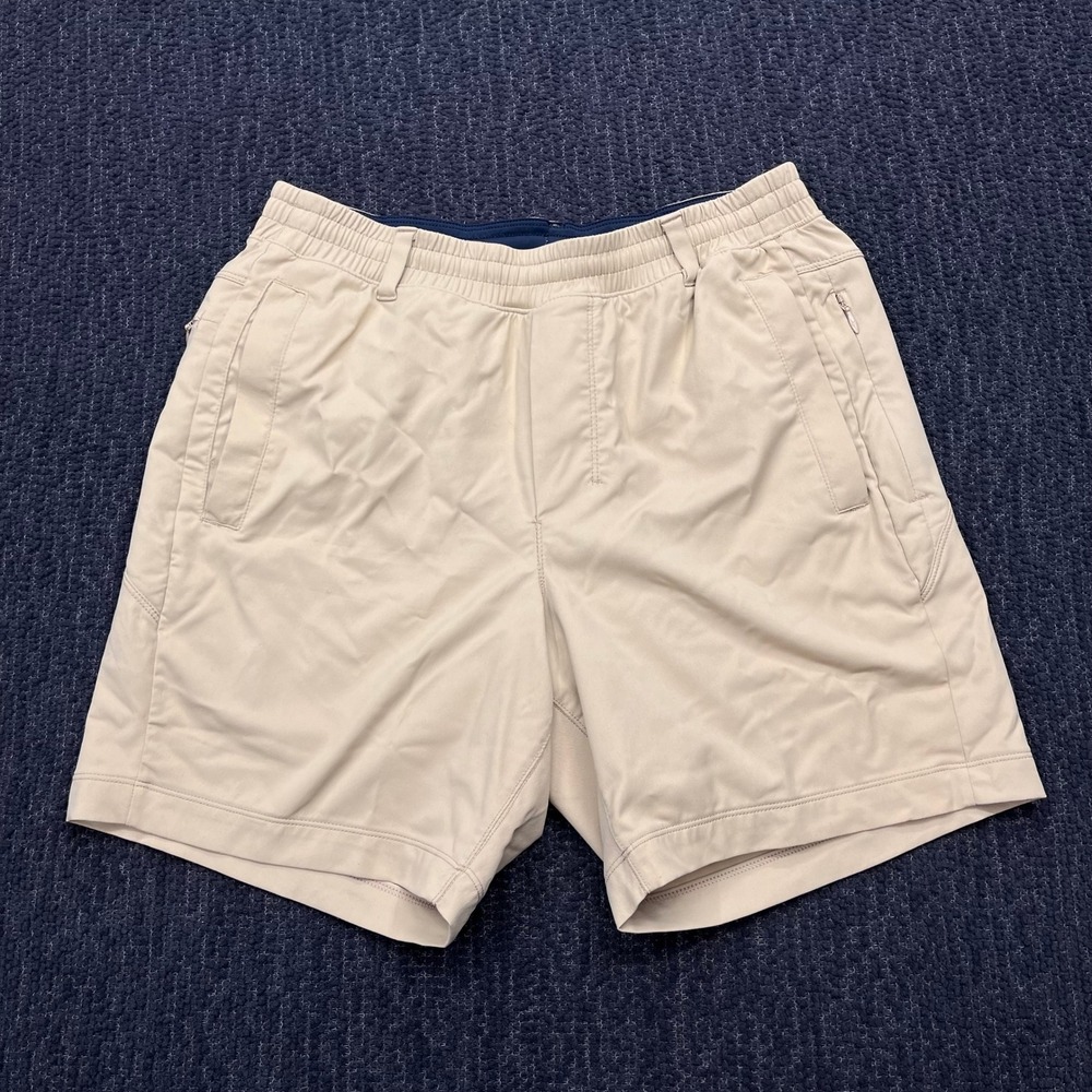 Birddogs Mens Khaki Gym Shorts Elastic Waist Zipper Pockets Tan Size Medium